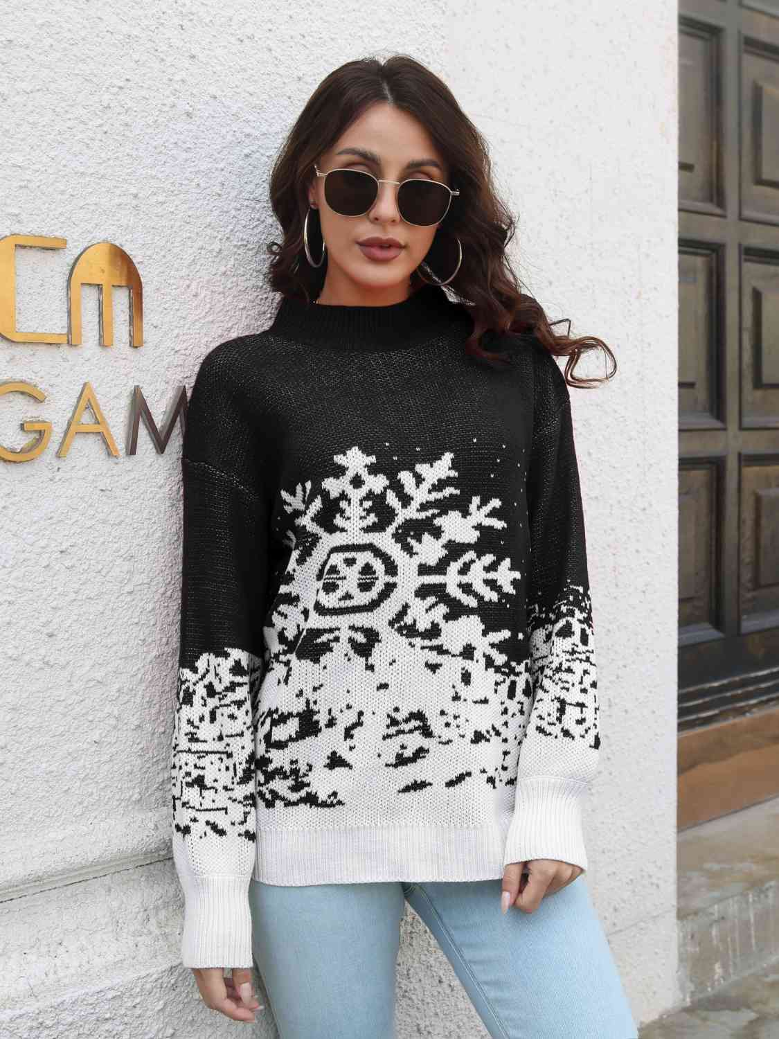 Snowflake Pattern Mock Neck Sweater in black