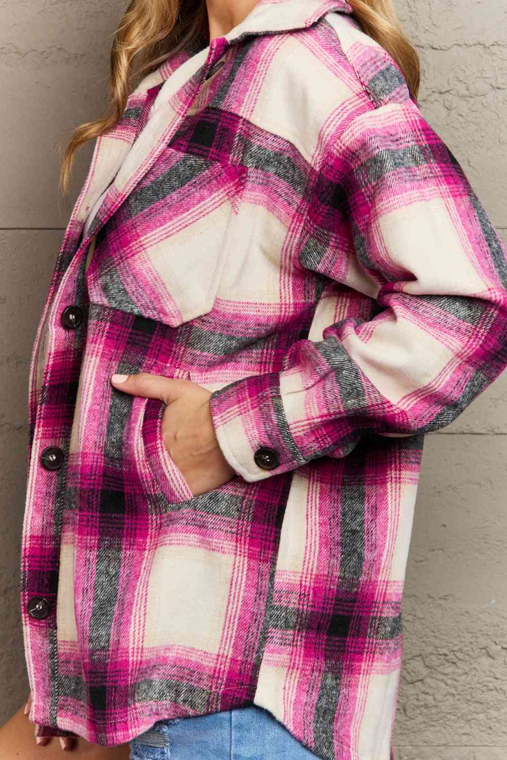 By The Fireplace Oversized Plaid Shacket has side pockets
