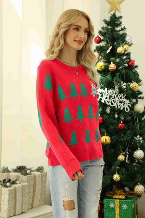 Christmas Tree Round Neck Ribbed Trim Sweater is fun and colorful