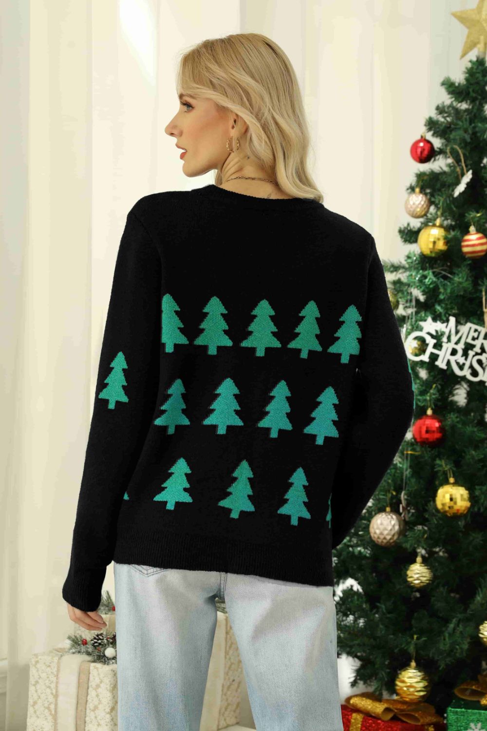 Christmas Tree Round Neck Ribbed Trim Sweater in black back view
