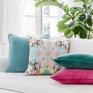 Brooks Avenue linen pillow inspired by original art from Laura Park Designs sofa display