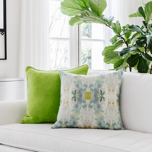 Coral Bay Green Linen Throw Pillow in sofa display