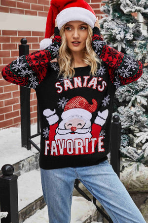 Christmas SANTA'S FAVORITE Round Neck Sweater in blue