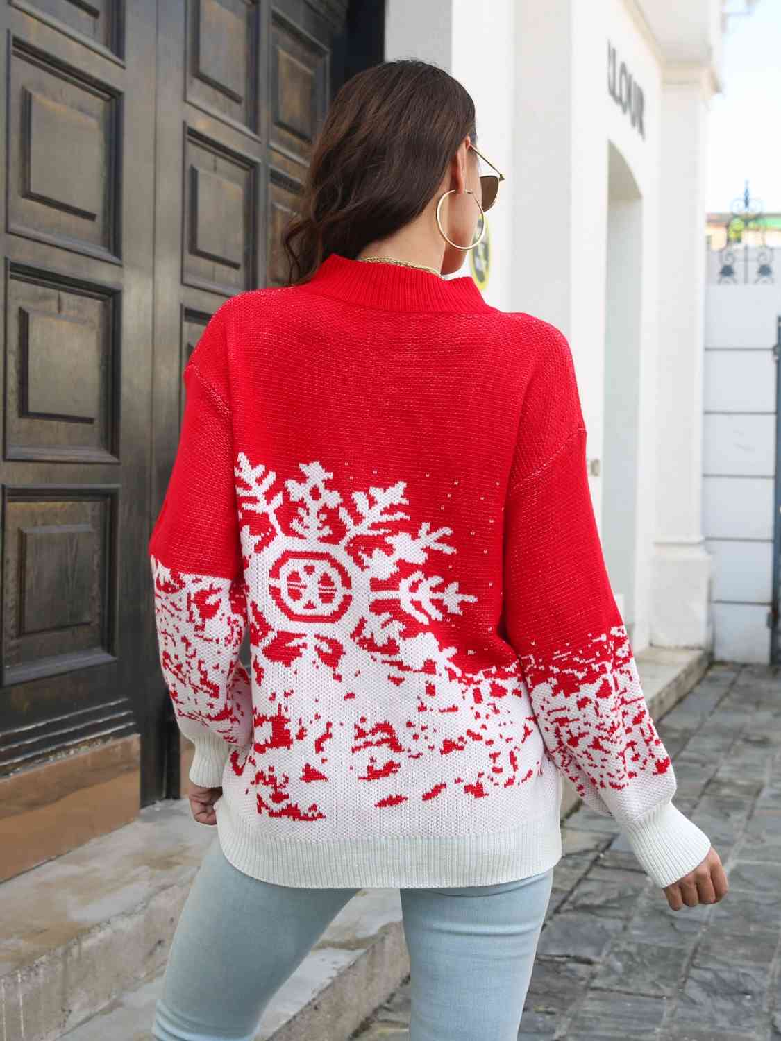 Snowflake Pattern Mock Neck Sweater in red