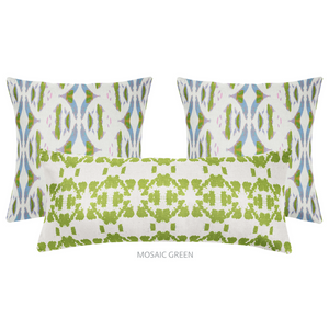 Tea Time Violet Throw Pillow shown with complementary Mosaic Green bolster