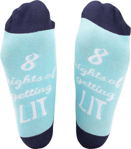 8 Nights Getting Lit socks and Hanukkah ornament slogan view