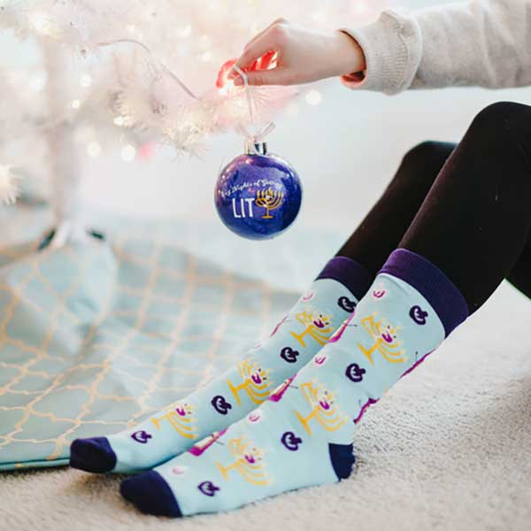 8 Nights Getting Lit socks and Hanukkah ornament girl hanging ornament