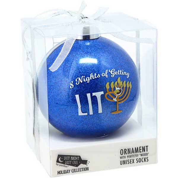 8 Nights Getting Lit socks and Hanukkah ornament package