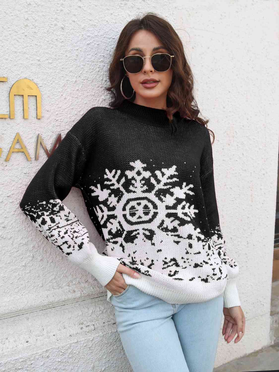 Snowflake Pattern Mock Neck Sweater in black