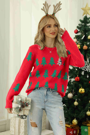 Christmas Tree Round Neck Ribbed Trim Sweater in red