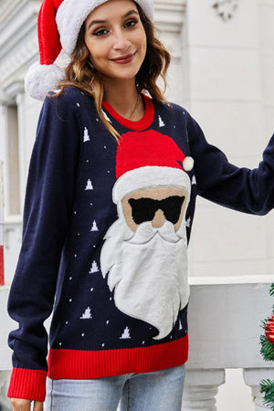 Christmas Santa Claus Ribbed Trim Sweater in dark blue with Santa face motif