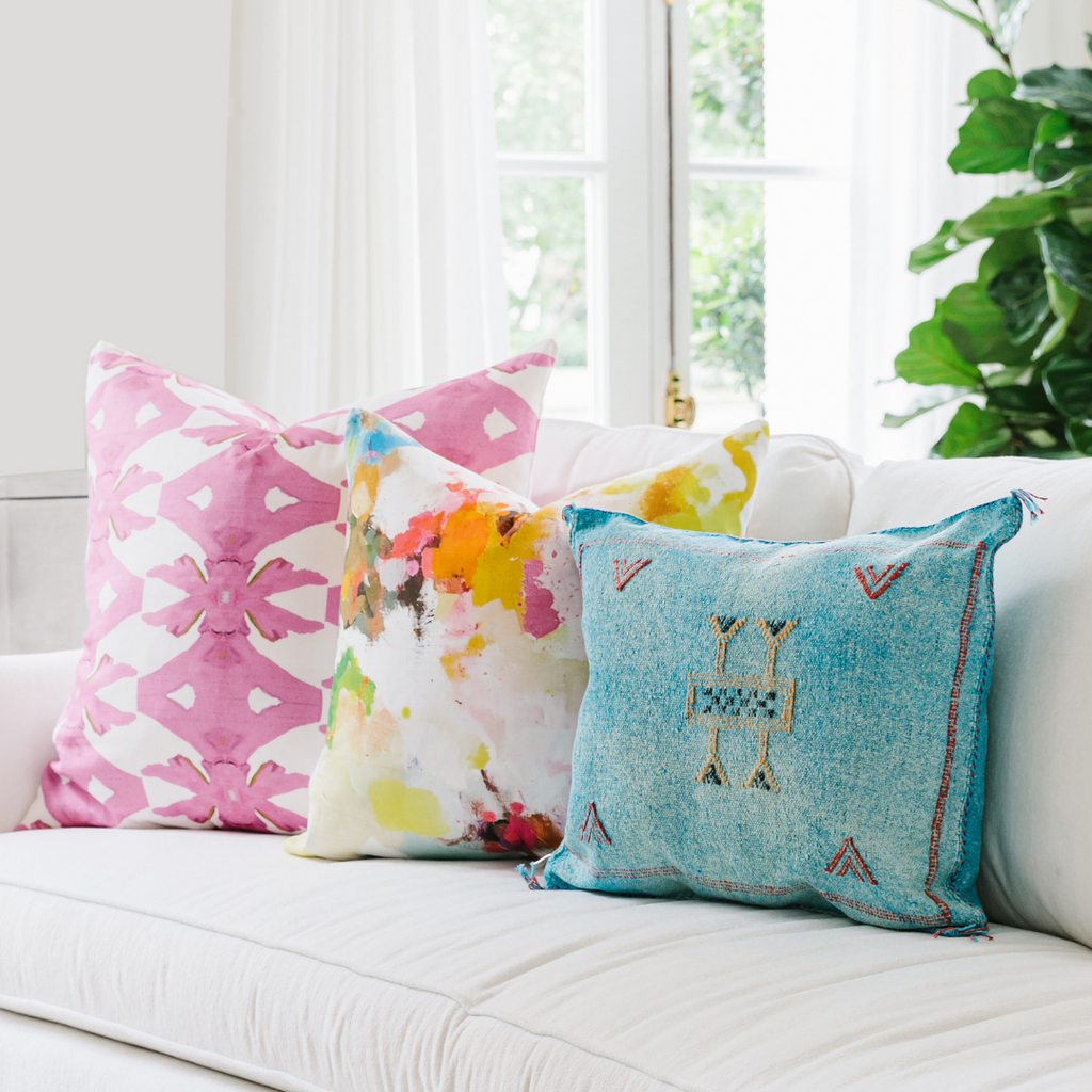 Palm Pink Linen Throw Pillow lifestyle sofa setting