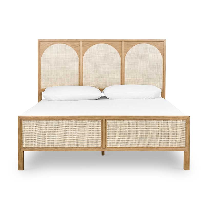 Allegra Bed oak frame with light cane detailing from Four Hands King and Queen front view