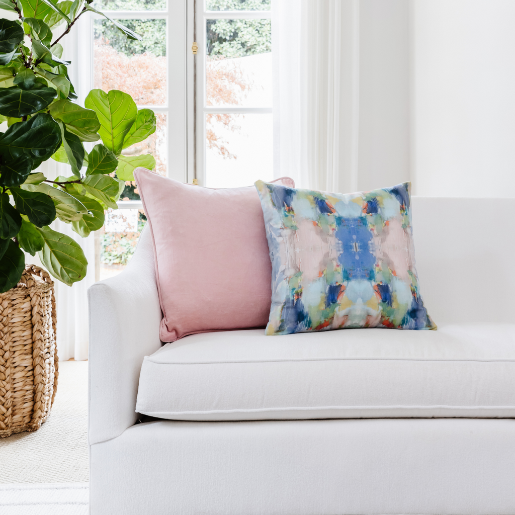 Anna Pink Linen Throw Pillow on sofa display