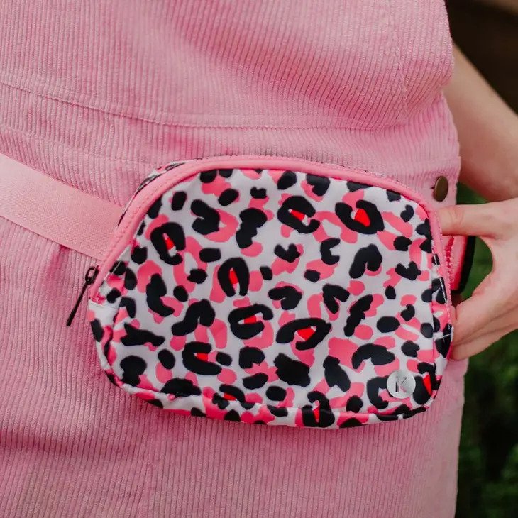 Baby Pink Leopard Fanny Pack with pink and black pattern on white background