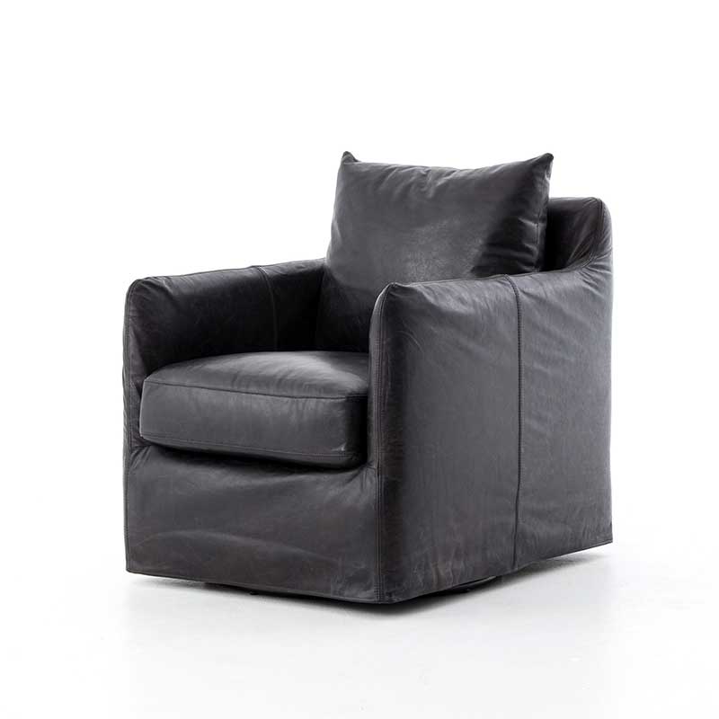 Banks Swivel Chair in Rider Black leather from Four Hands