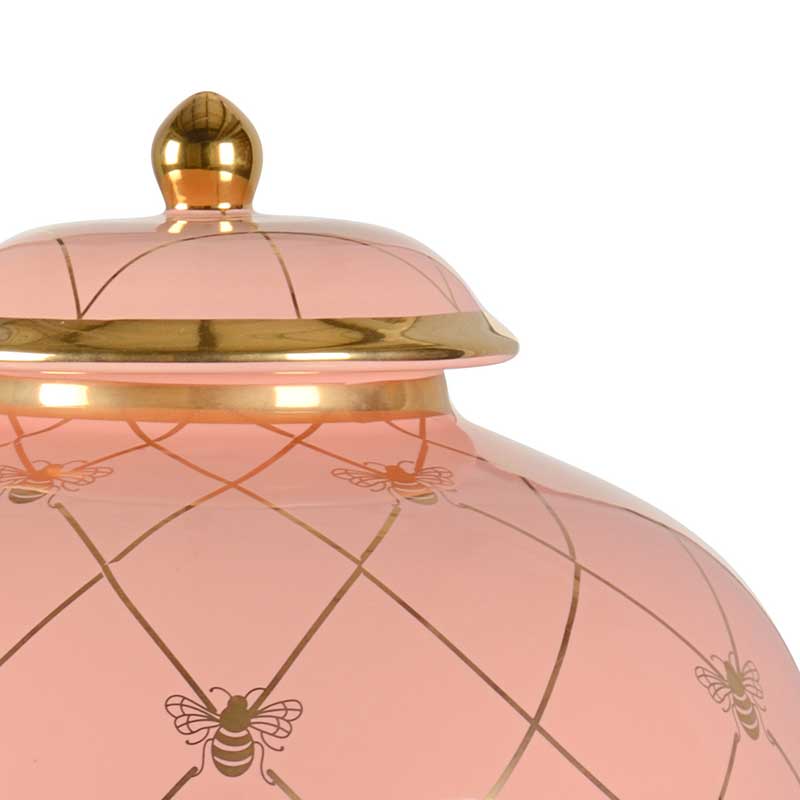 Bee Humble countertop ginger jar in coral with gold metallic royal bee from Chelsea House detail