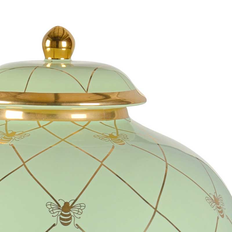 Bee Humble countertop ginger jar in pistachio with gold metallic royal bee from Chelsea House detail