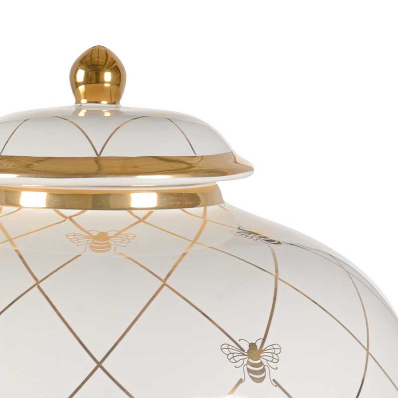 Bee Humble countertop ginger jar in white with gold metallic royal bee from Chelsea House