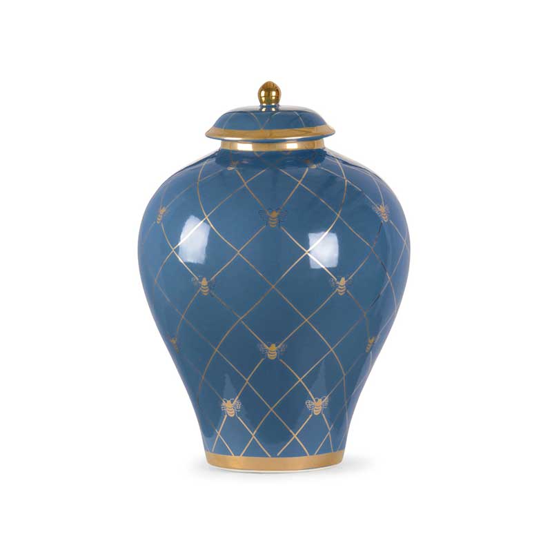 Bee Humble countertop ginger jar in blue with gold metallic royal bee from Chelsea House