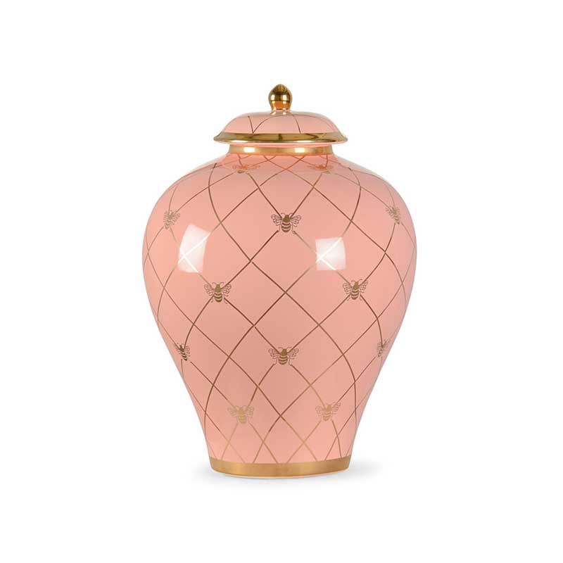 Bee Humble countertop ginger jar in coral with gold metallic royal bee from Chelsea House