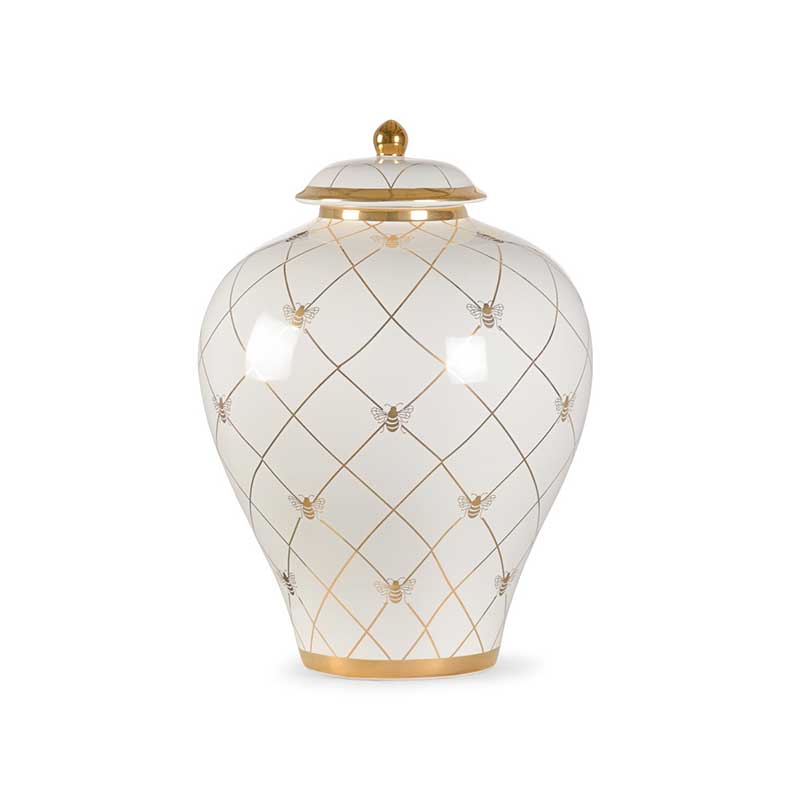 Bee Humble countertop ginger jar in white with gold metallic royal bee from Chelsea House