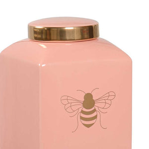 Bee Kind ginger jar in coral with gold metallic royal bee from Chelsea House detail