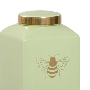 Bee Kind ginger jar in pistachio with gold metallic royal bee from Chelsea House detail