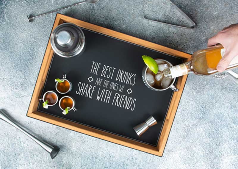 Best Drinks serving tray with leather wrap lifestyle image overhead