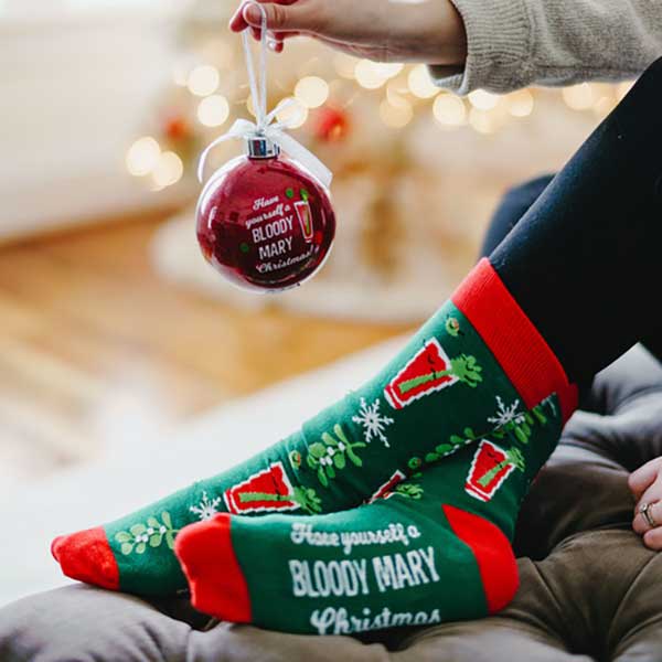 Bloody Mary Christmas Socks and ornament girl holding ornament