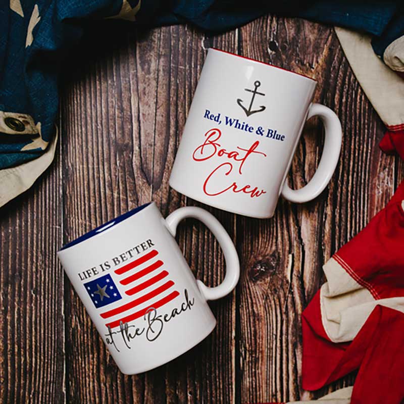 Red, White & Blue Boat Crew mug with beach theme mug