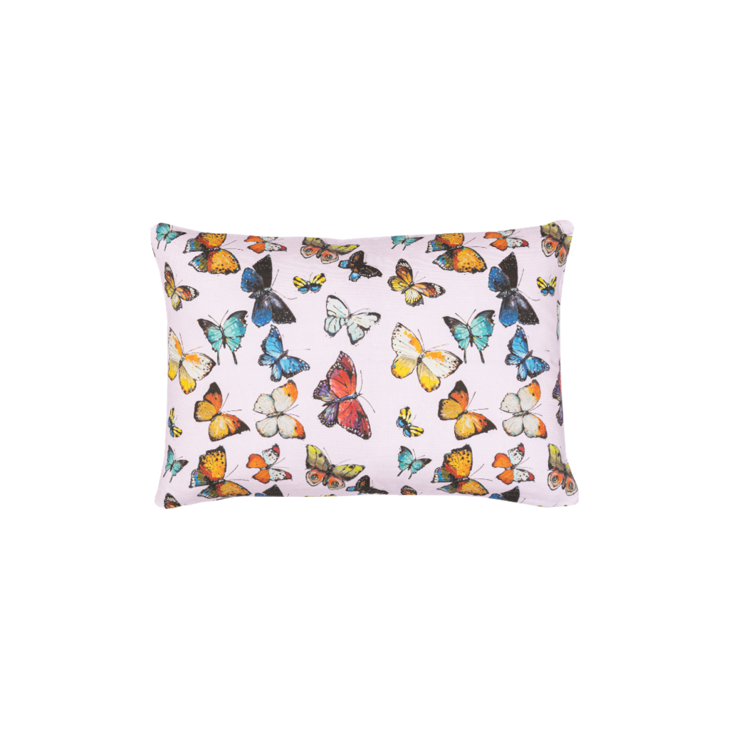 Butterflies Pink Linen Pillow with a variety of butterflies on a pink background, square sofa pillow