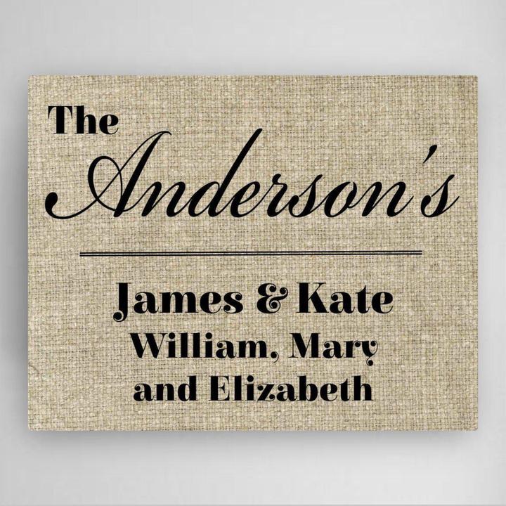 Our Family canvas sign with family name and each parent and child home accessory