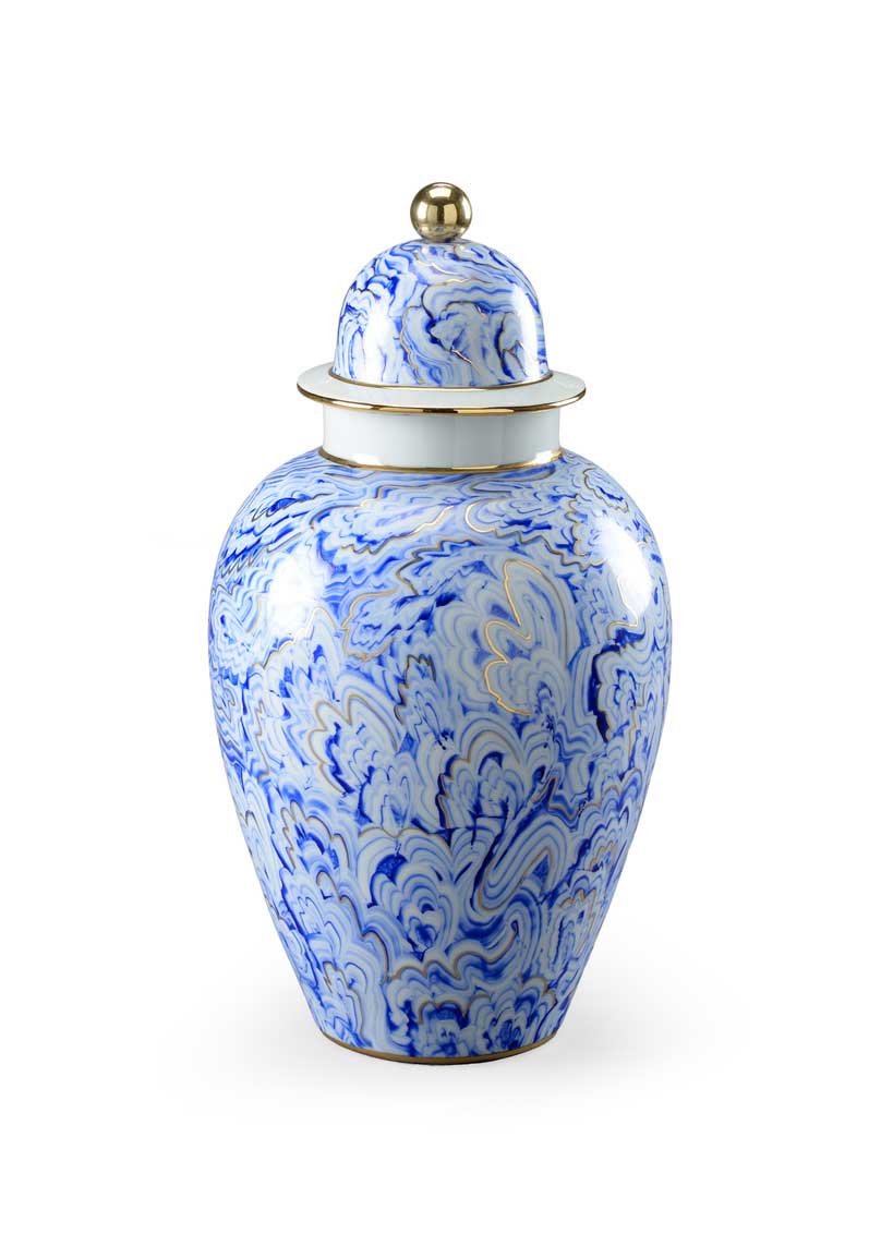 Marbelized Covered Urn Handpainted Blue and White Porcelain