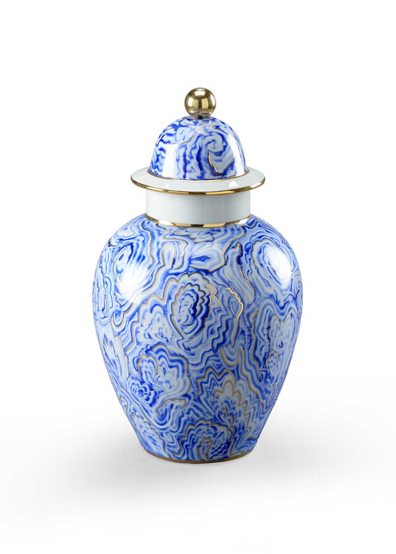 Marbelized Covered Urn Small Handpainted Blue and White Porcelain