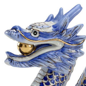 Blue Dragon Figurine Porcelain with Gold Accents Detail