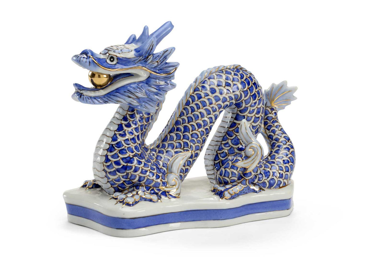Blue Dragon Figurine Porcelain with Gold Accents