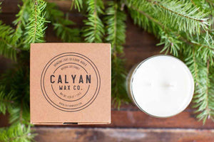 Calyan Glass Tumbler Candle Evergreen and Eucalyptus Scents Candle and Packaging