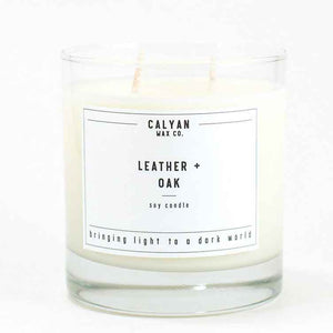 Calyan Glass Tumbler Candle Leather and Oak Scents 