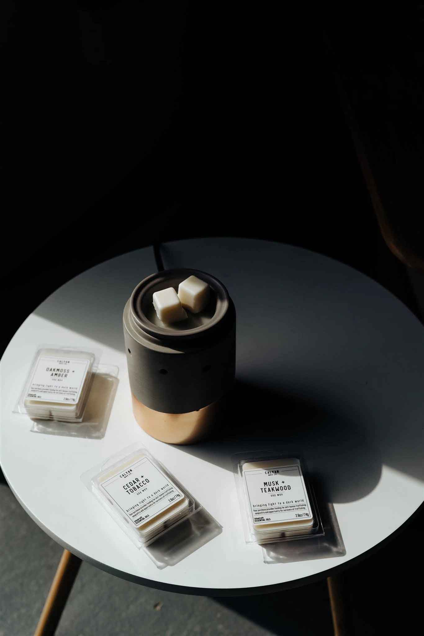 Wax Melts Lifestyle Image With Wax Melter Cedar + Tobacco Scent Calyan Wax Co.