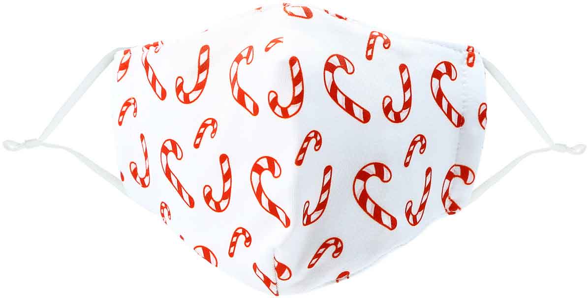 Candy Canes kid's face mask with red candy canes on white background from Pavilion