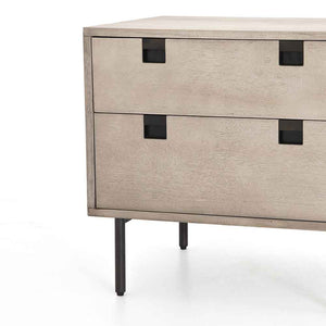 Grey washed 2 drawer nightstand of Acacia veneer from Four Hands face view detail