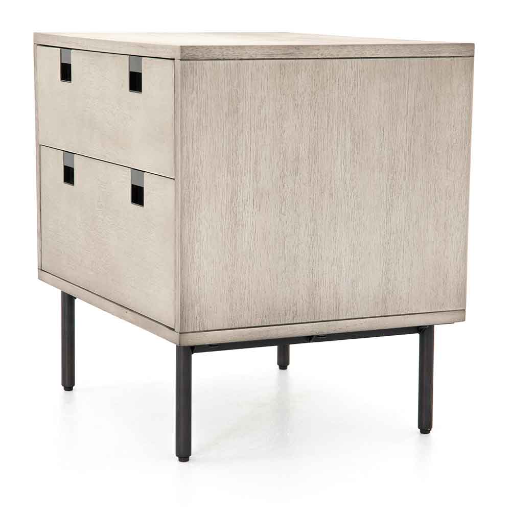 Grey washed 2 drawer nightstand of Acacia veneer from Four Hands side perspective