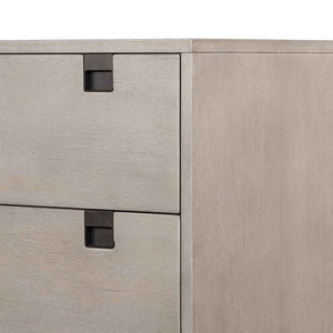 Grey washed 5 drawer dresser of Acacia veneer from Four Hands top corner detail