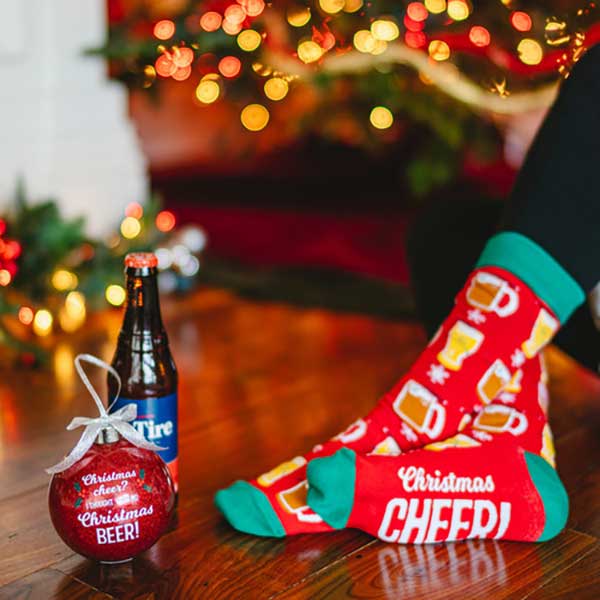 Christmas Beer Socks and Ornament woman wearing socks