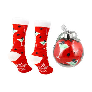 Christmas Spirits socks and ornament gift set red socks with martini glasses back view