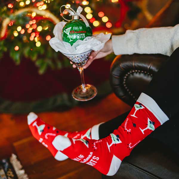 Christmas Spirits socks and ornament gift set red socks with martini glasses girl holding glass