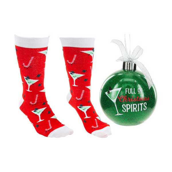 Christmas Spirits socks and ornament gift set red socks with martini glasses