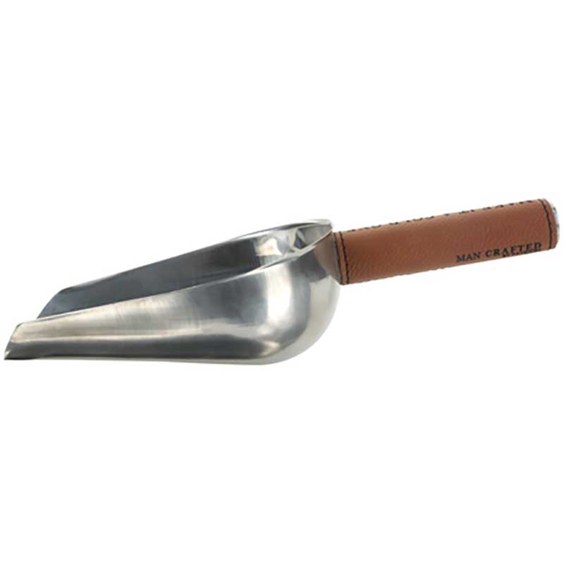 Cold One Ice Scoop in stainless steel with vegan leather handle side view