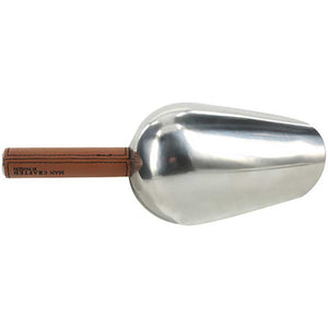 Cold One Ice Scoop in stainless steel with vegan leather handle underside